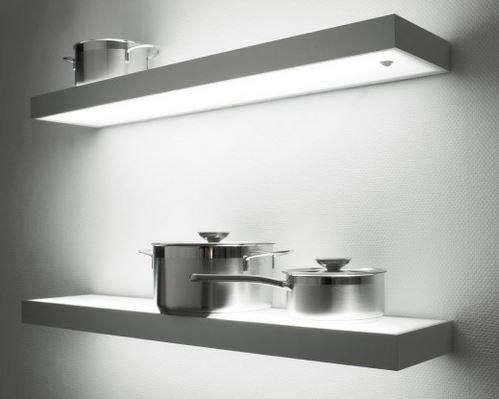 LED glass shelves, lit from top and bottom